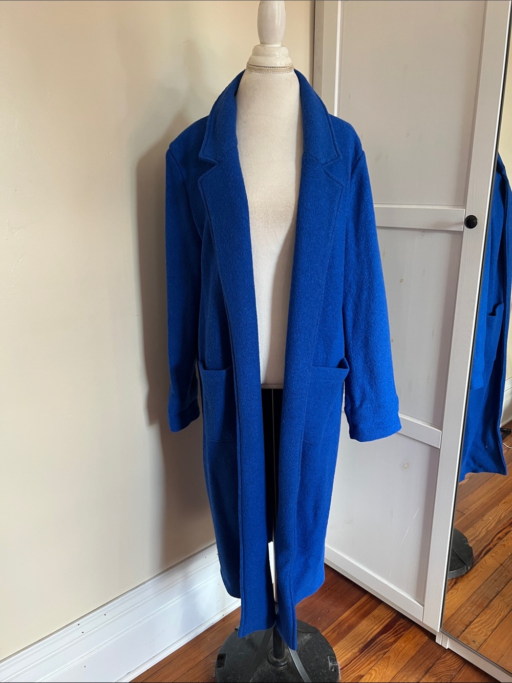 TAHARI Royal Blue Wool Blend Long Duster Cardigan Trench Coat Jacket L